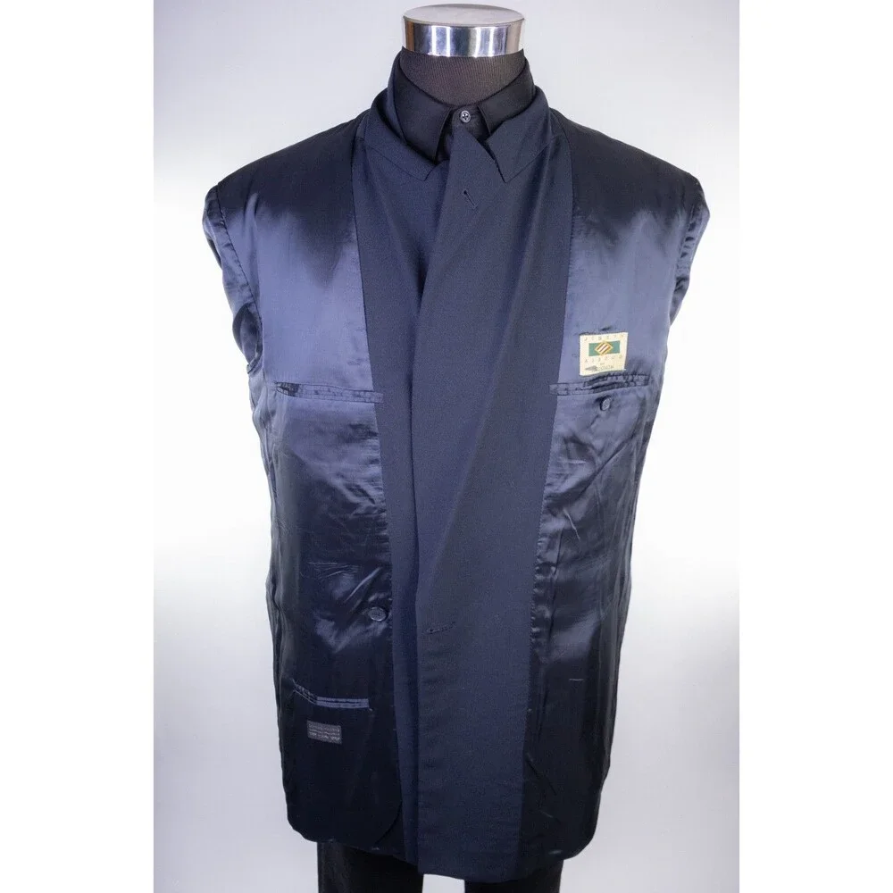 VTG Joseph Abboud Blazer 42L Navy Blue Wool Peak Lapel Double Breasted Made USA
